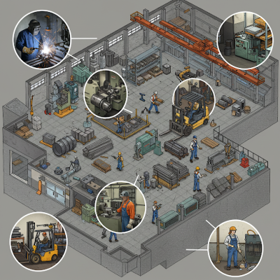 Mapa hali fabryki z pracownikami fizycznym